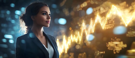 Aufkleber - Professional woman analyzing data trends. She observes a vibrant financial graph while surrounded by modern digital elements, embodying a blend of intelligence and innovation.