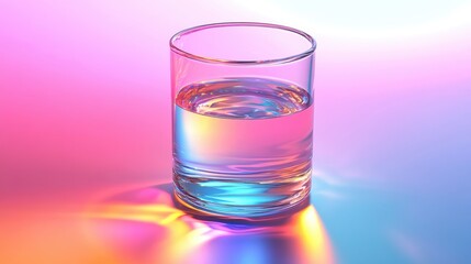 Wall Mural - A glass filled with clear water reflecting colorful lights.
