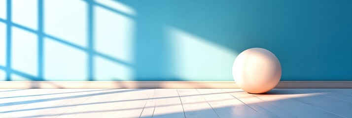 Wall Mural - Minimalist interior with a solitary sphere on wooden floor, sunlight casting shadows on blue wall, creating an ambiance of calm.