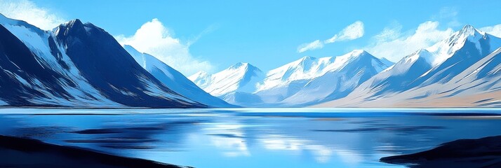 Wall Mural - scenic view of mountains and lake, clear blue sky with reflections, serene nature.