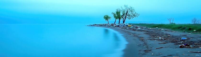 Wall Mural - Serene beach landscape with calm water and distant green trees.