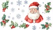 © Chantip - Snowflakes and holly leaves Santa Claus, Christmas theme, watercolor style, isolated on white background