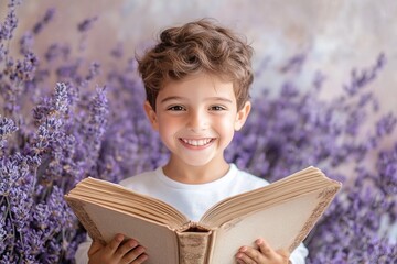 Wall Mural - cute happy smiling caucasian little boy with curly hair holding book on background with lavender flowers