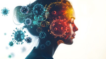 Aufkleber - Conceptual representation of a woman's profile with virus illustrations illustrating the impact of pandemics on mental health, emotional well-being, and societal challenges