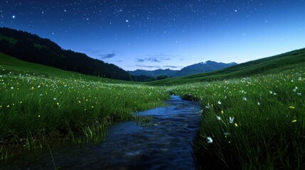 Wall Mural - A beautiful field of grass with a river running through it