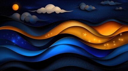Wall Mural - A painting of a night sky with a large yellow star and a small blue star