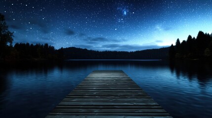 Wall Mural - A wooden pier sits on a lake at night, with the stars shining brightly above