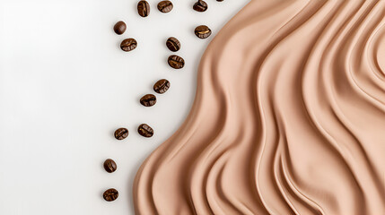 mocha mousse 2025, Abstract photograph of wavy coffee-colored fabric on a white background, with scattered coffee beans Mocha Mousse color 2025 year