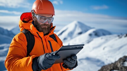 man dressed in an orange expedition jacket and safety helmet checks a tablet device in a snowy mount