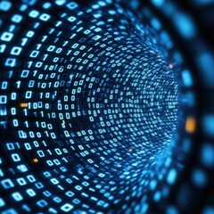 Abstract representation of binary code flowing in a digital tunnel, showcasing the concept of data transfer, technology, and virtual reality in a futuristic setting.
