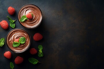 Chocolate mousse with pieces of chocolate on a dark background, top view