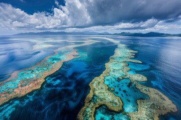 Glistening turquoise waters reveal colorful coral reefs stretching out towards distant islands, illuminated by sunlight beneath a partly cloudy sky.