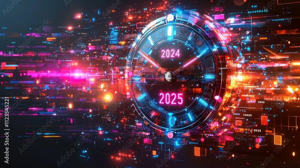 547 timeline 2024 2025 royalty-free images, stock... high tech clock shows moment transition 2024 2025. Holographic elements ...