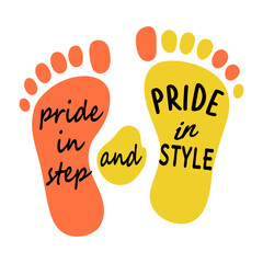 Sticker - A flat sticker of two footprints with the text pride in step and pride in style