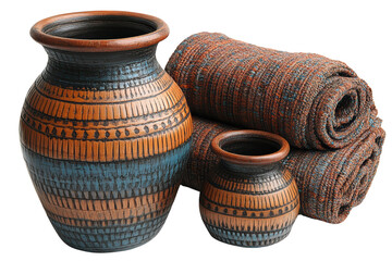 Traditional handcrafted pottery with intricate designs, accompanied by textured fabric rolls, isolated on a white background.