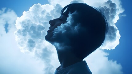 Aufkleber - Surreal Portrait of a Young Person with Clouds and Sky Reflections for Conceptual Art and Dreamy Visuals Representing Imagination and Creativity