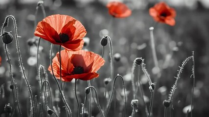 Wall Mural - field nature meadow poppies flower black spring wild summer poppy panorama white