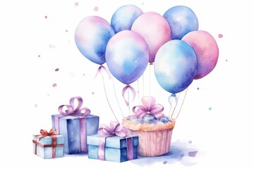 Wall Mural - Balloons and gift box in blue and pink colors, watercolor style on white. AI generate illustration