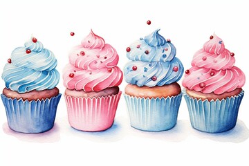 Wall Mural - Cupcakes in blue and pink colors, watercolor style on white background. AI generate illustration