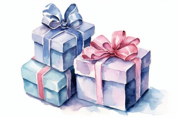 Wall Mural - Gift boxes in blue and pink colors, watercolor style on white background. AI generate illustration