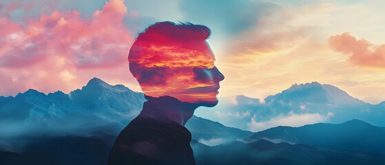 Poster - Dreamy Landscape Within Human Silhouette with Colorful Sky and Mountain Range Reflecting Inner Thoughts and Emotions in Nature's Beauty
