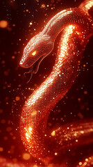 Wall Mural - Golden shimmering snake coiled against a glowing red backdrop, symbolizing wealth and prosperity for Chinese New Year celebrations.