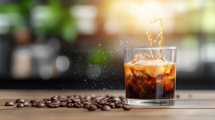 A dynamic photo of iced coffee splashing into a glass over a wooden surface, surrounded by scattered coffee beans, under bright sunlight creating an energetic vibe.