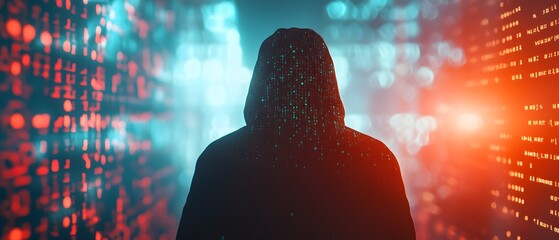 Poster - Mysterious Figure in Hoodie Surrounded by Glowing Digital Data in a Futuristic Environment Representing Cybersecurity and Technology Themes