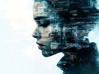 Poster - Profile of a Young Woman with Technology Overlay, Abstract Digital Art Representing Data and Connectivity, Perfect for Modern Innovation and Futuristic Themes