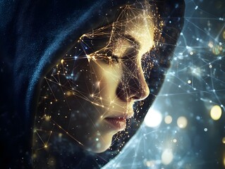 Poster - Ethereal Portrait of a Young Woman with Glowing Abstract Connections, Capturing the Essence of Technology and Emotions Amid a Mystical Background