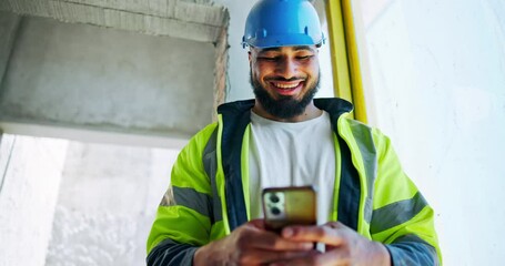 Aufkleber - Man, engineer and typing on mobile for construction, planning project or check building schedule. Happy architect, site and phone for communication, text and infrastructure maintenance in low angle