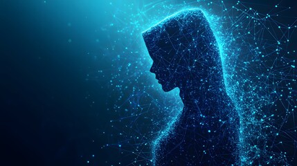 Poster - Abstract silhouette of a woman created with glowing connections and particles in a futuristic digital environment, symbolizing technology and innovation in humanity.