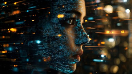 Fototapete - Digital Transformation Concept Featuring a Profile of a Young Woman with Futuristic Binary Code Elements Illustrating Technology and Innovation