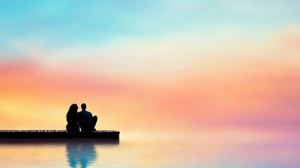 Poster -   A man and a woman sit on a dock as the sun sets over a colorful sky