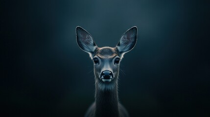 Wall Mural - a close-up of a deer's face against a black background with a hazy picture of its head