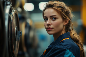 Poster - Inspiring female engineer working diligently at her laptop in a busy workshop