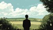 © azkiyanaila taleta - Man silhouetted against a scenic rural landscape, gazing at a view of rolling hills under a partly cloudy sky.