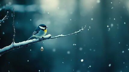 Sticker -   A bird on a snowy branch, with water droplets and a blurry background