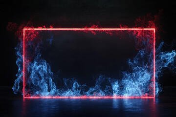 Wall Mural - Abstract blue and red fire flames frame on black background. Template or banner, creative design with copyspace