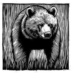 Canvas Print - grizzly bear head sketch in monochrome – black vector