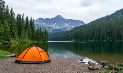 Wall Mural - Perspective of pitching a tent in a picturesque mountainous area.