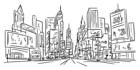 Wall Mural - minimalist sketch of times square advertising and buildings – black vector