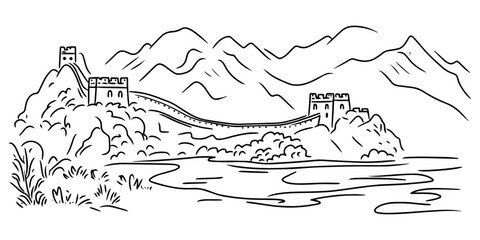 Wall Mural - sketch of the great wall of china in black vector