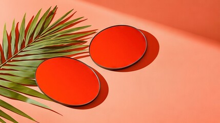 Wall Mural -   Two orange plates on a table with a green palm leaf and a pink wall in the background