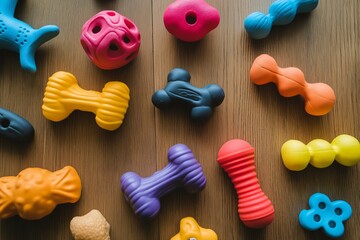 Poster - A selection of squeaky dog toys in vibrant colors on a wooden floor, modern aesthetic.