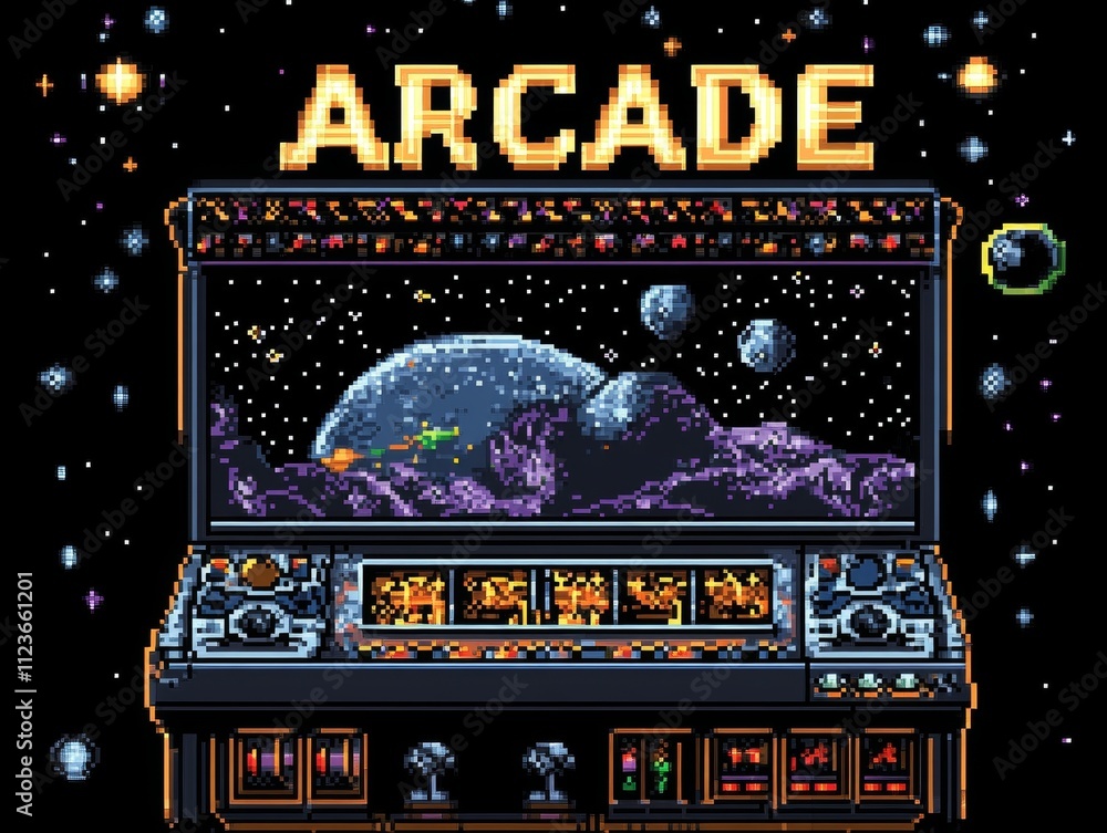 Pixel art arcade game showing planets and space on screen. Vintage game ...