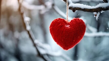 Wall Mural - A red knitted heart hanging from a snow-covered tree branch, with snowflakes gently falling around it, creating a winter wonderland scene. Concept of love and winter romance. Valentine's Day