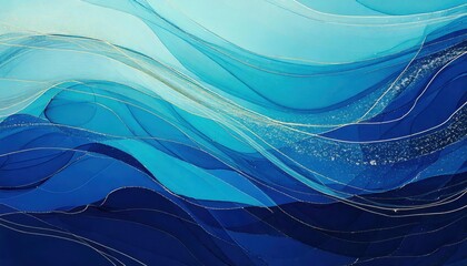 Wall Mural - abstract aquatic ocean currents blue gradient flowing waves and wave like patterns with luminous soft gold hints and shimmering light refractions