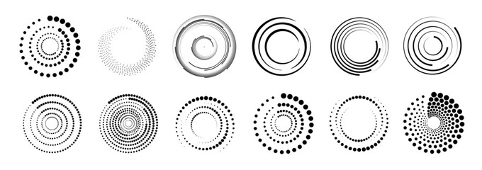 Wall Mural - Halftone circular dotted frames set. Set of black thick halftone dotted speed lines. Speed lines in circle form. Geometric art. Vector