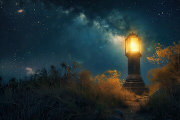 Aufkleber - Mysterious forest pathway illuminated by a flickering lantern surrounded by lush greenery at twilight